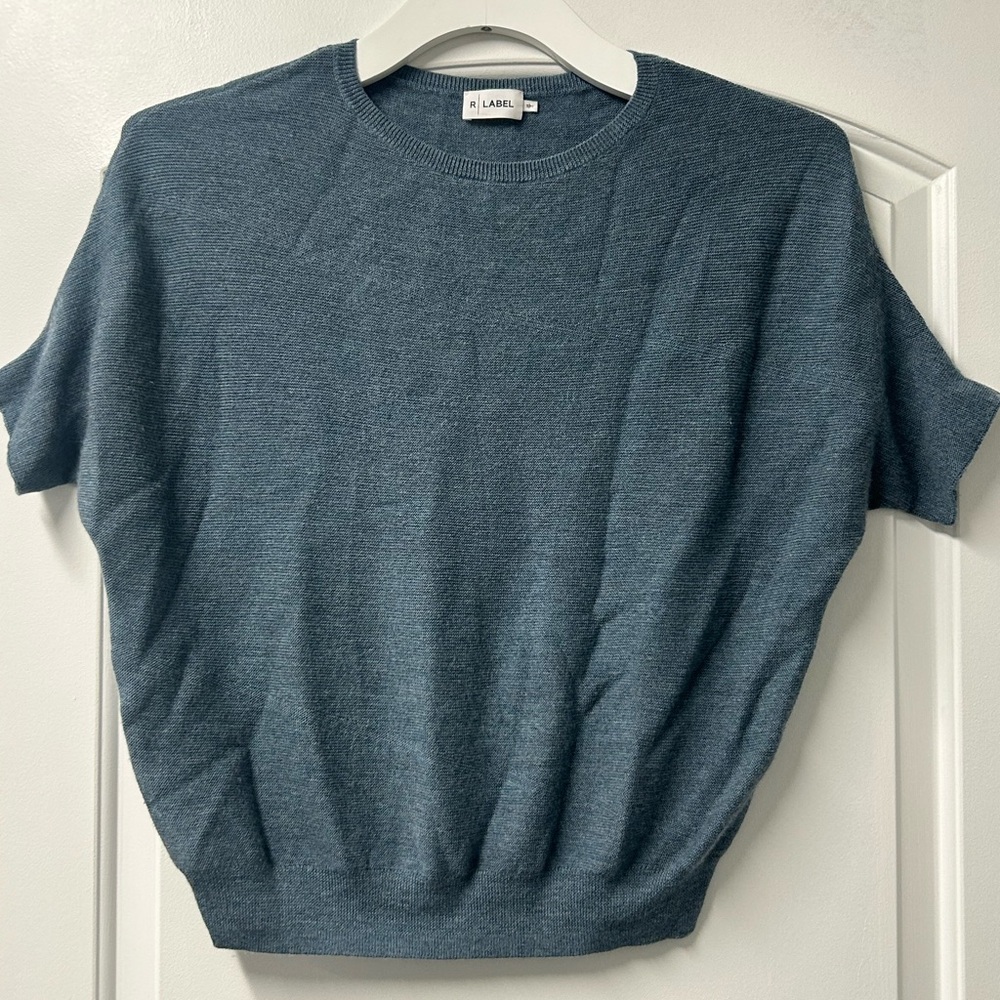 The Reset R Label Sweater S/M Blue Wool Chopped Pullover Dolman Short Sleeve